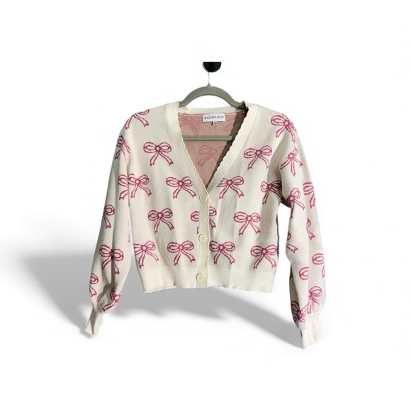 Willow & Wind Sweaters - Elegant Fancy Pink Bow Barbiedoll Coquette Cardigan Sweater Shabby Chic Medium